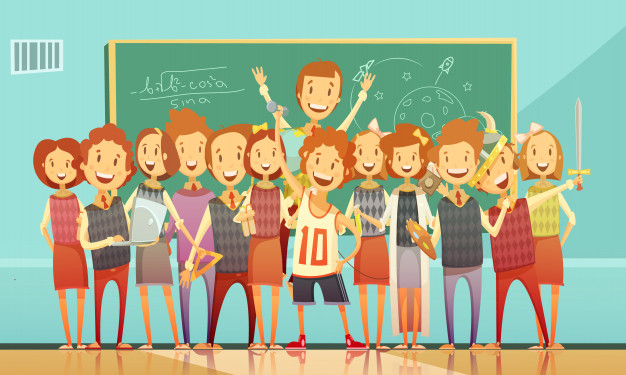 Classic school education classroom retro cartoon poster with standing smiling kids