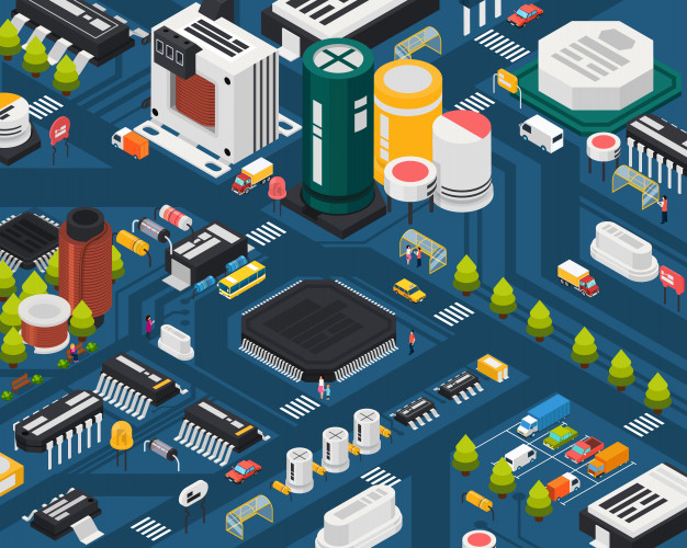 Colored semiconductor electronic components isometric city concept with different elements combined in city Free Vector