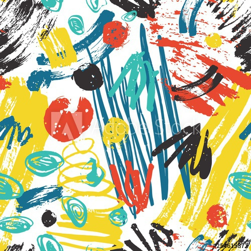 Colorful abstract seamless pattern with rough paint traces, brush strokes, scribble on white background