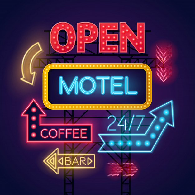Colorful glowing neon light signs for motel and cafe set on dark blue background