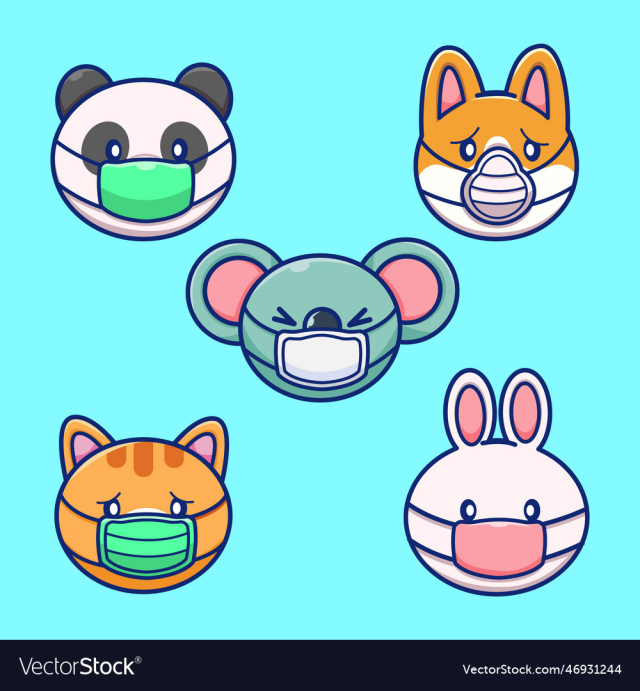 cute animals faces wearing medical mask cartoon