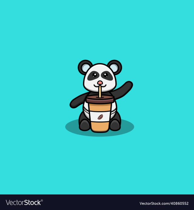 cute baby panda drink coffee character logo