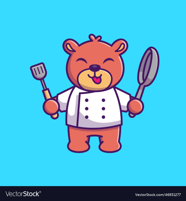 cute chef bear holding pan and spatula cartoon