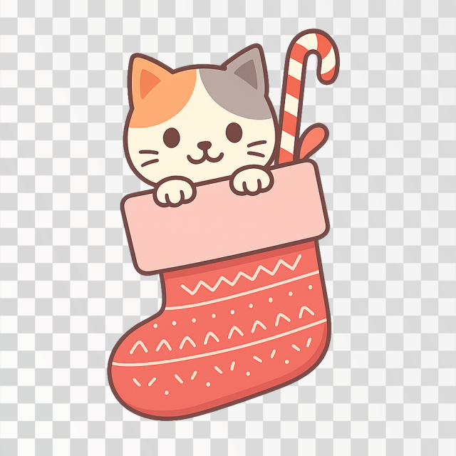 Cute Christmas Cat in Stocking - transparent image