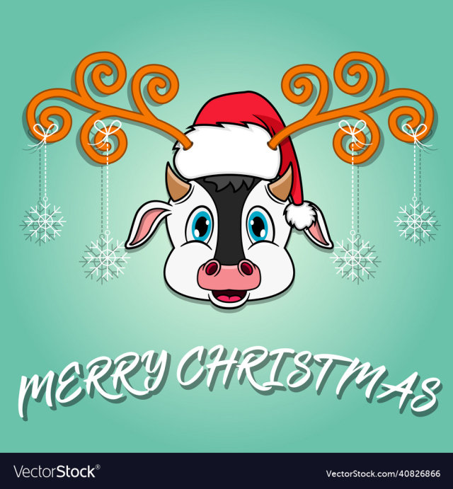 cute cow head cartoon christmas card wearing hat