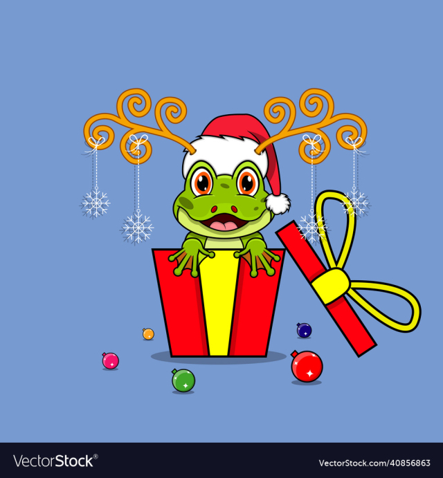 cute frog on gift with santa claus hat