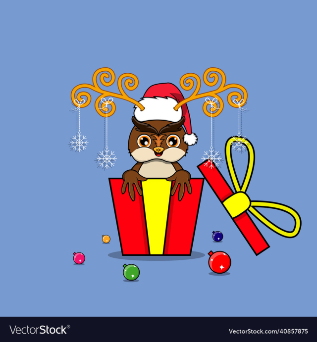 cute owl on gift with santa claus hat