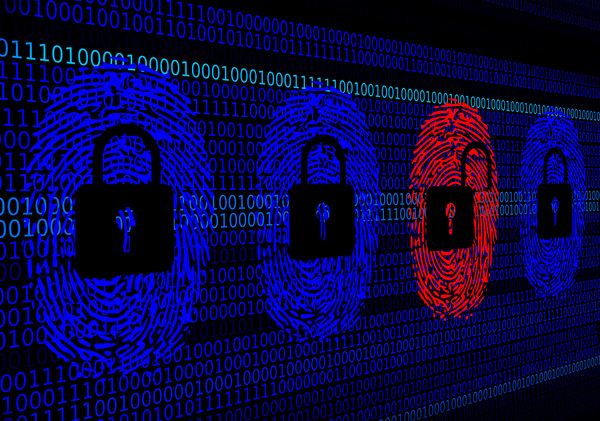  Cybersecurity concept - Open and closed locks with digital finge 