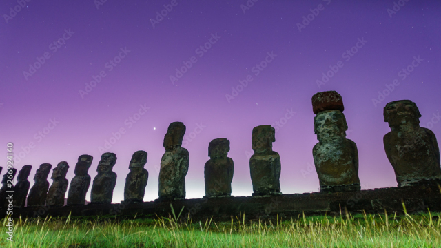 Dawn, stars and Moai statues of Ahu Tongariki on Easter Island