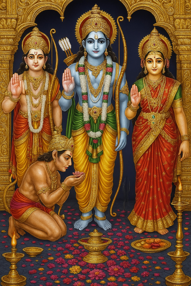 Divine Family: Lord Rama, Sita, and Hanuman
