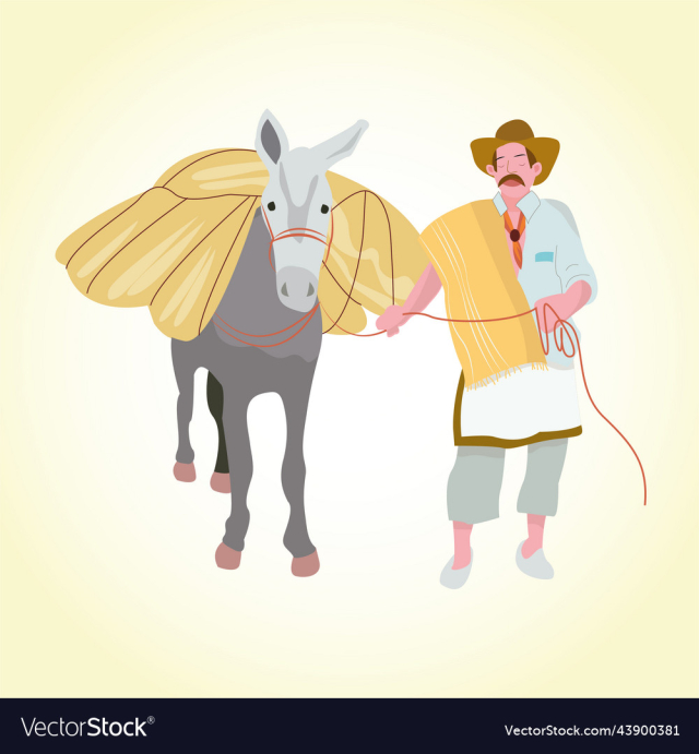 donkey horse and farmer wearing rustic clothes