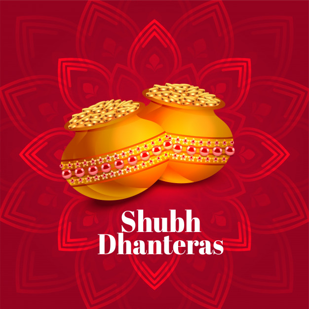 Ethnic shubh dhanteras festival card with gold coin pots Free Vector
