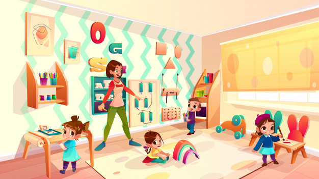 Female preschool nursery nurse, kindergarten teacher playing with children in modern Free Vector
