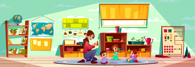 Female teacher of montessori kindergarten or pre-primary school studying alphabet letters Free Vector