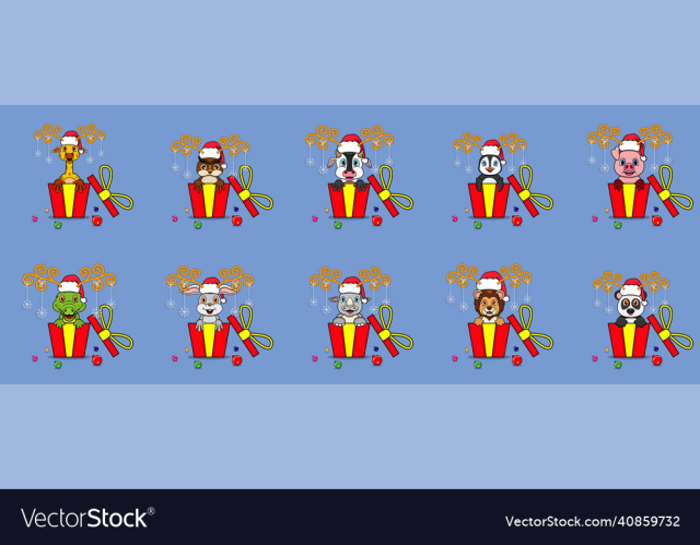 funny animals on gift with santa claus hat set