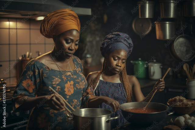 Generative AI. African mother and child cooking