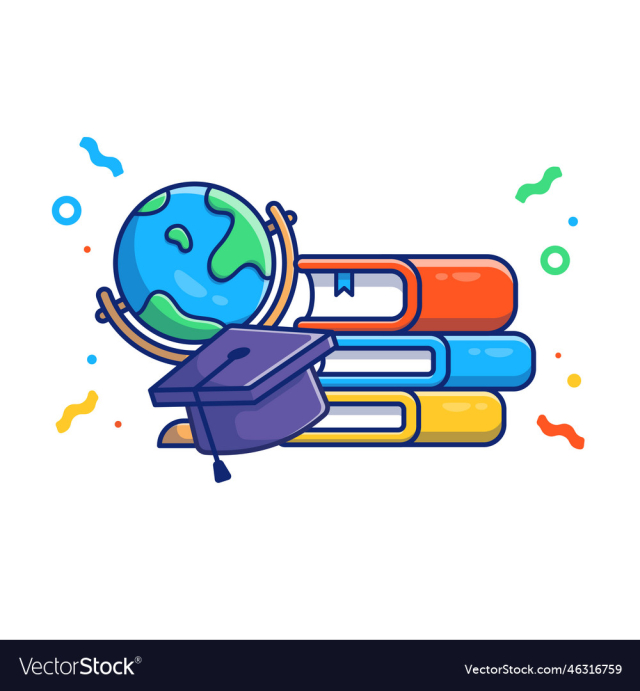 globe graduation hat and books cartoon