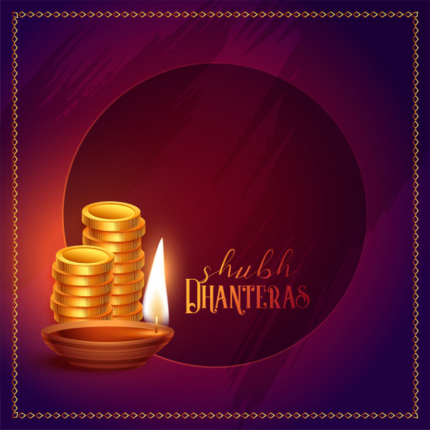 Gold coins and diya happy dhanteras Free Vector