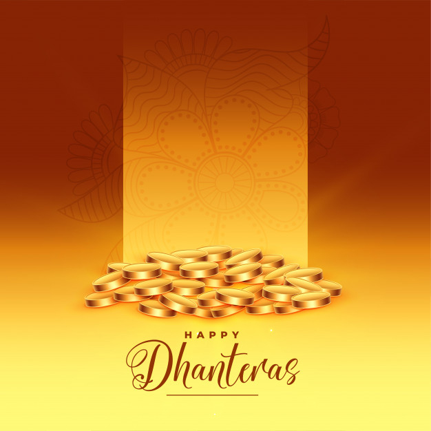 Golden coins happy dhanteras festival greeting card Free Vector