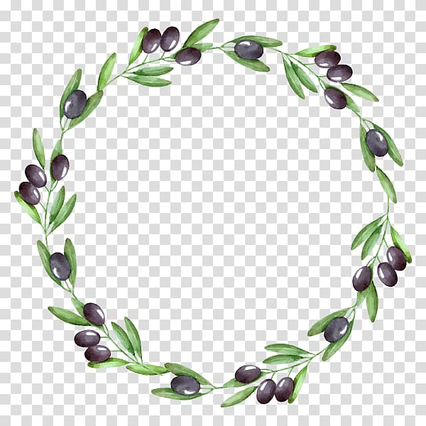 Green leaf and black fruit , Watercolor painting Olive wreath Olive branch, olive transparent background PNG clipart
