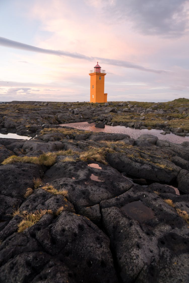 Grindavik orange lighthouse on fine day in Iceland