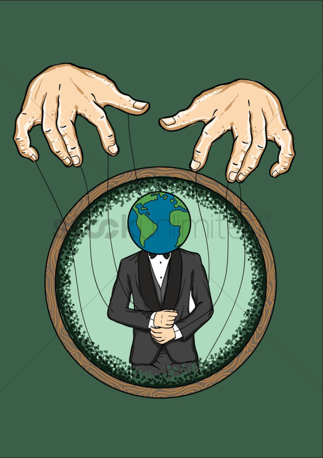 Hands controlling man with a globe as his head