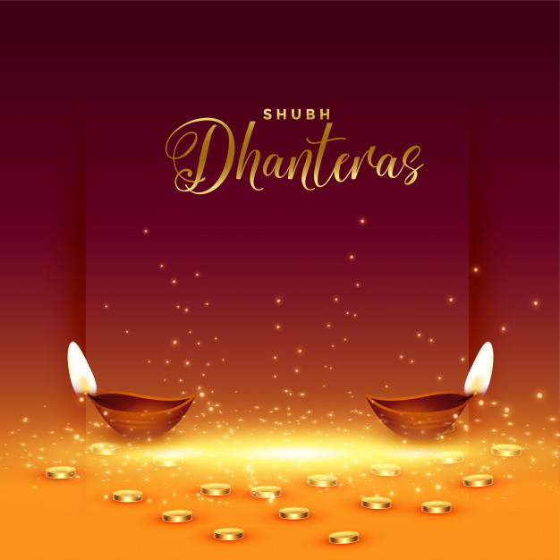 Happy dhanteras card with golden coin and diya Free Vector