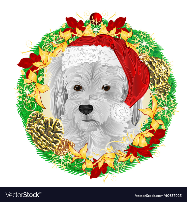 happy dog santa capchristmas and new year wreath