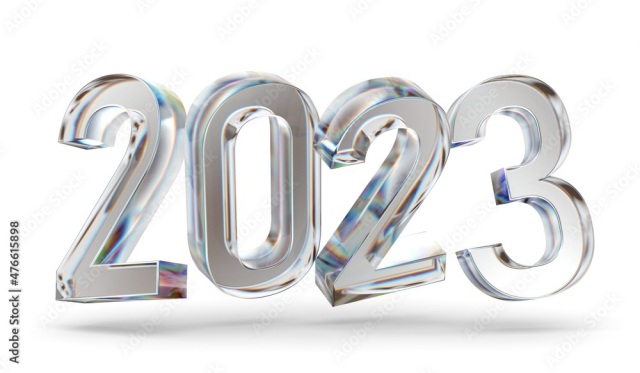 happy new year 2023 glass letter with chromatic aberration refraction dispersion 3d illustration isolated