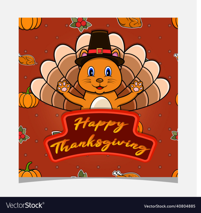 happy thanksgiving card with cute cat character