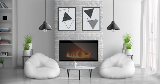 House cozy living room 3d realistic interior with glass coffee table, bookshelves, abstract paintings on wall, flowerpots, hanging lamps, two bean bag chairs near fireplace illustration Free Vector
