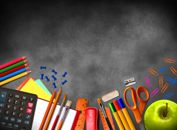 Illustration of school supplies and material on blackboard backg