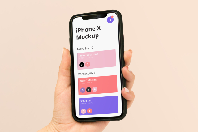 iPhone X Mockup iphone x mockup today, july 10 projects planning 12:30 am - 13:30 am d monday, july 11 kickoff meeting 2:30 pm - 3:30 pm d setup call 1:30 pm - 2:00 pm