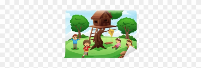 Kids Playing Under Trees Clipart