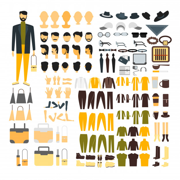 Man character set for animation with various views, hairstyle, emotion, pose and gesture. Free Vector