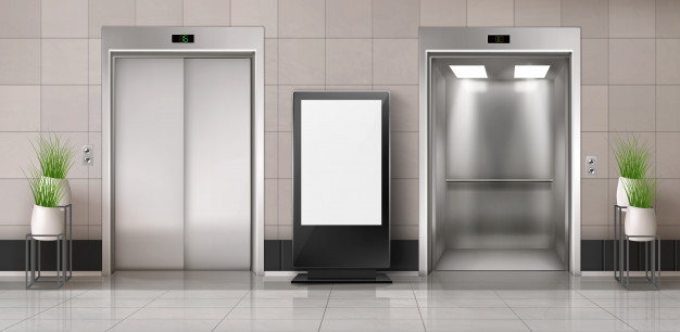 Office hallway with elevator and screen billboard Free Vector