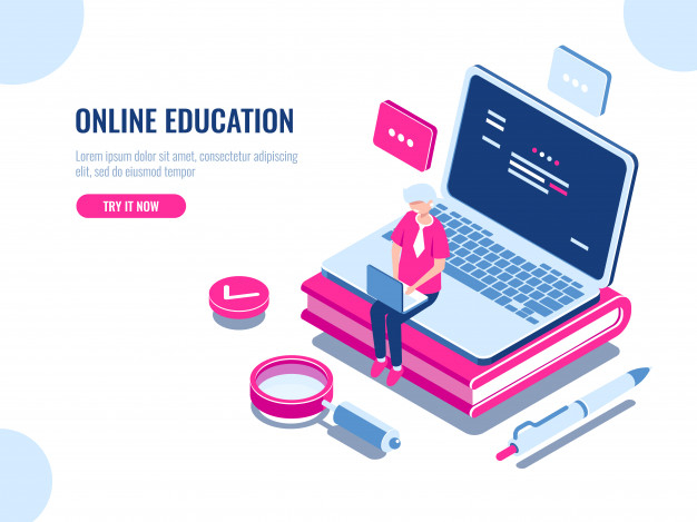 Online education isometric concept, laptop on book, internet course for learning on home Free Vector