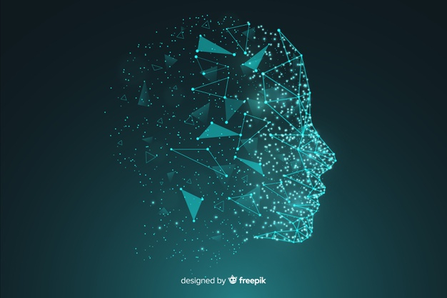 Particle artificial inteligence face background Free Vector