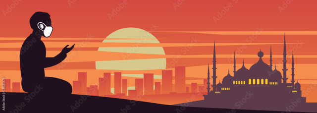 protective surgical mask a man praying in Ramadan in front of mosque coronavirus (COVID-19) Concepts vector