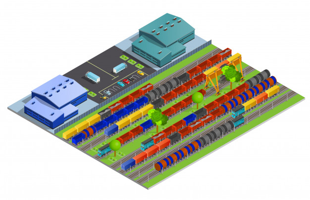 Railroad cargo transportation isometric illustration