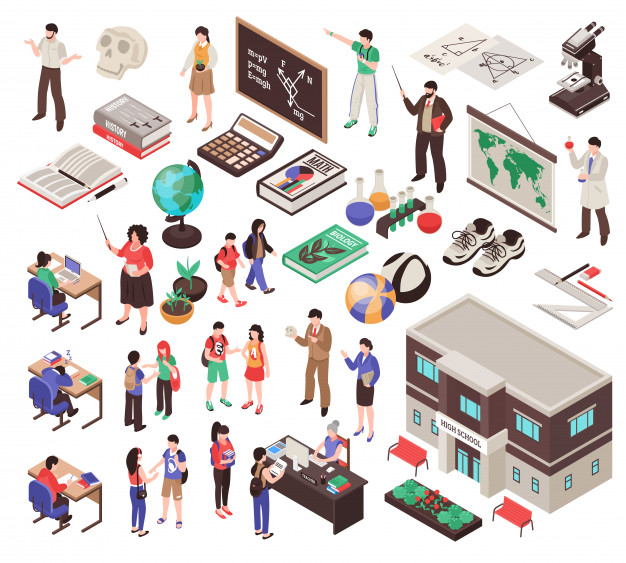 School set with teachers lesson equipment and education symbols isolated isometric Free Vector
