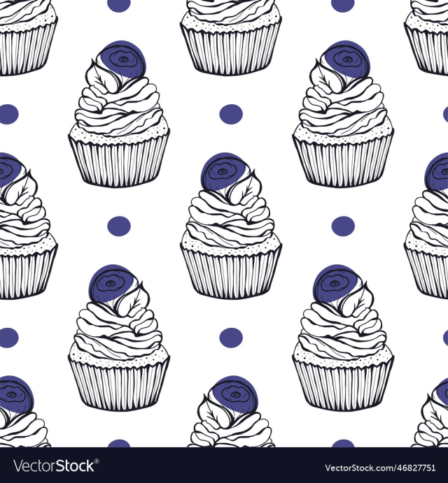 seamless pattern with blueberry dessert cupcake