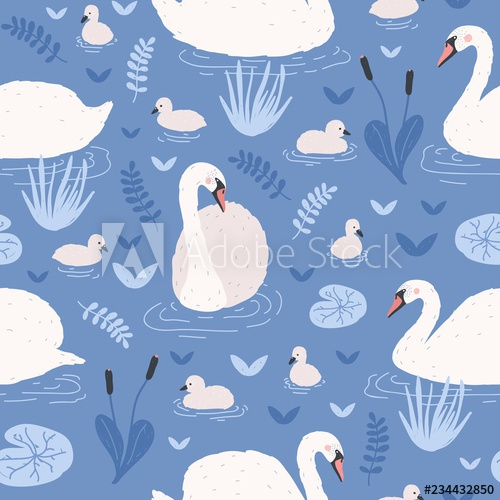 Seamless pattern with white swans and brood of cygnets floating in pond or lake among water lilies and reeds
