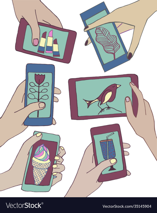 set hands holding smartphones with various