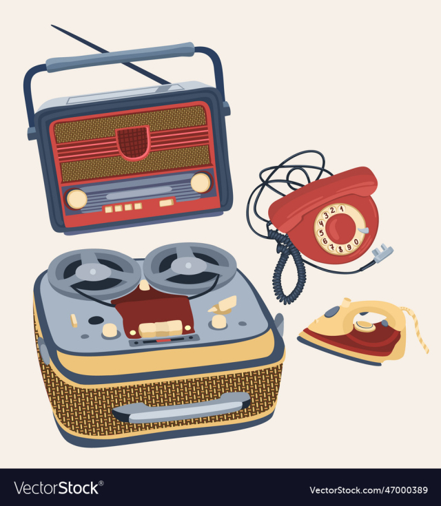 set of retro devices radio tape recorder