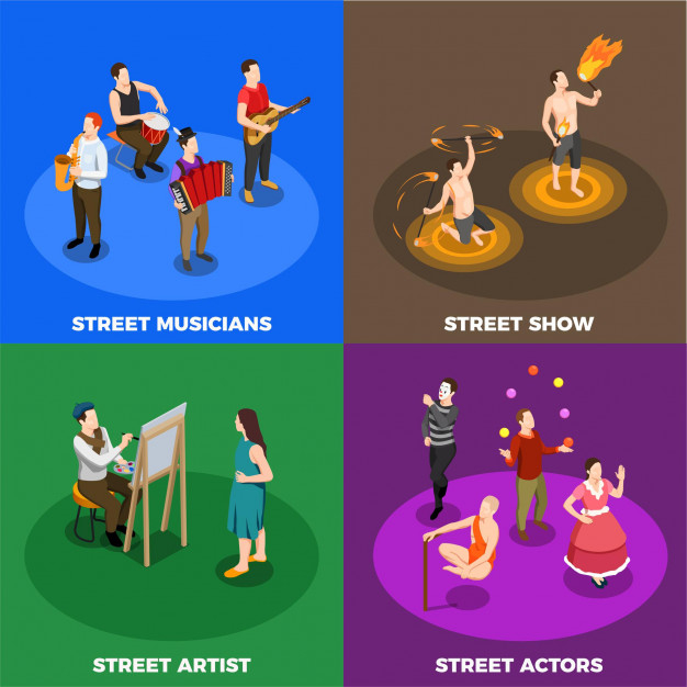 Street artist musicians actors and performers of fire show isometric concept isolated Free Vector