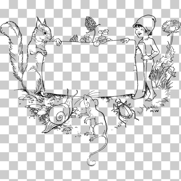 SVG Vector drawing of children and wood animals holding a noticeboard