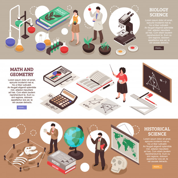 Teachers and school horizontal banners set with maths and biology symbols isolated isometric Free Vector