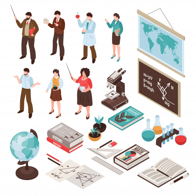 Teachers and school set with lesson and education symbols isolated isometric Free Vector