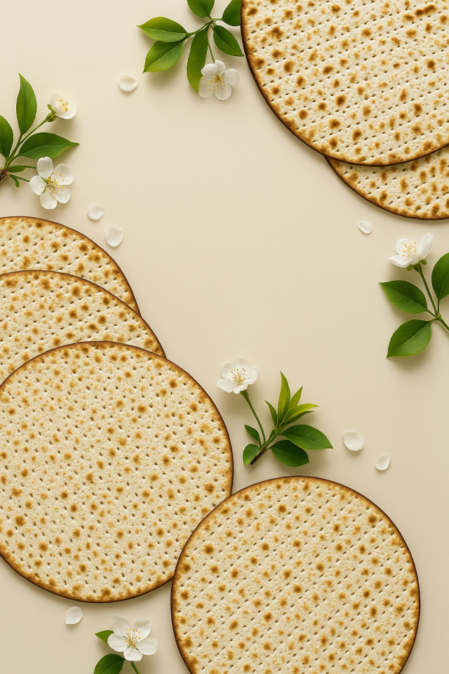 Top View of Round Passover Matzahs with Flowers
